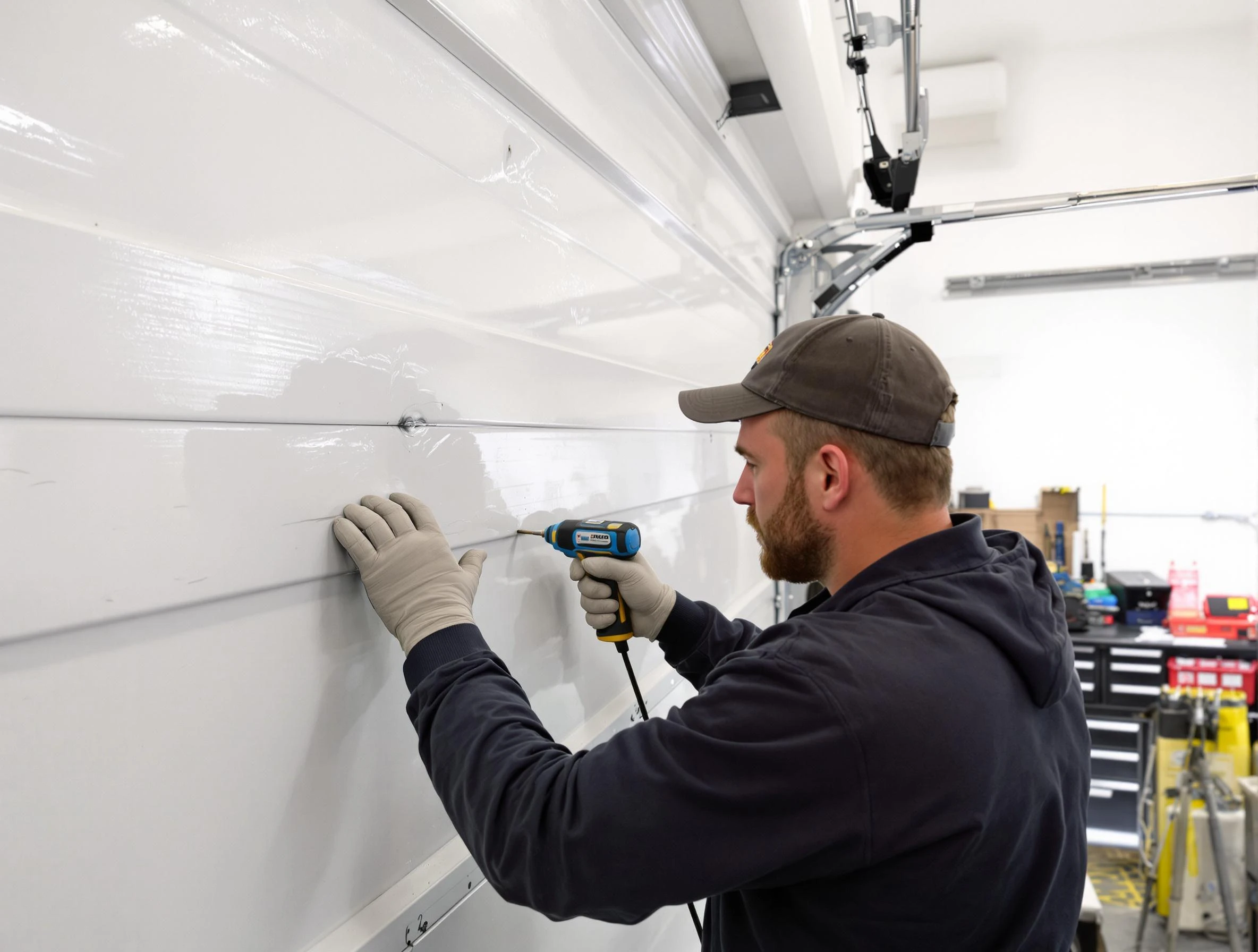 Calabasas Garage Door Repair technician demonstrating precision dent removal techniques on a Calabasas garage door